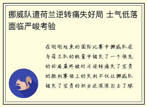 挪威队遭荷兰逆转痛失好局 士气低落面临严峻考验