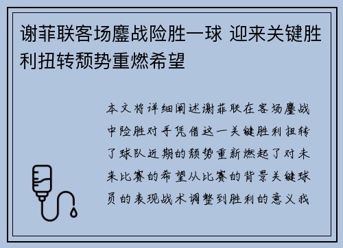 谢菲联客场鏖战险胜一球 迎来关键胜利扭转颓势重燃希望