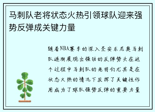 马刺队老将状态火热引领球队迎来强势反弹成关键力量