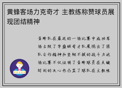 黄蜂客场力克奇才 主教练称赞球员展现团结精神